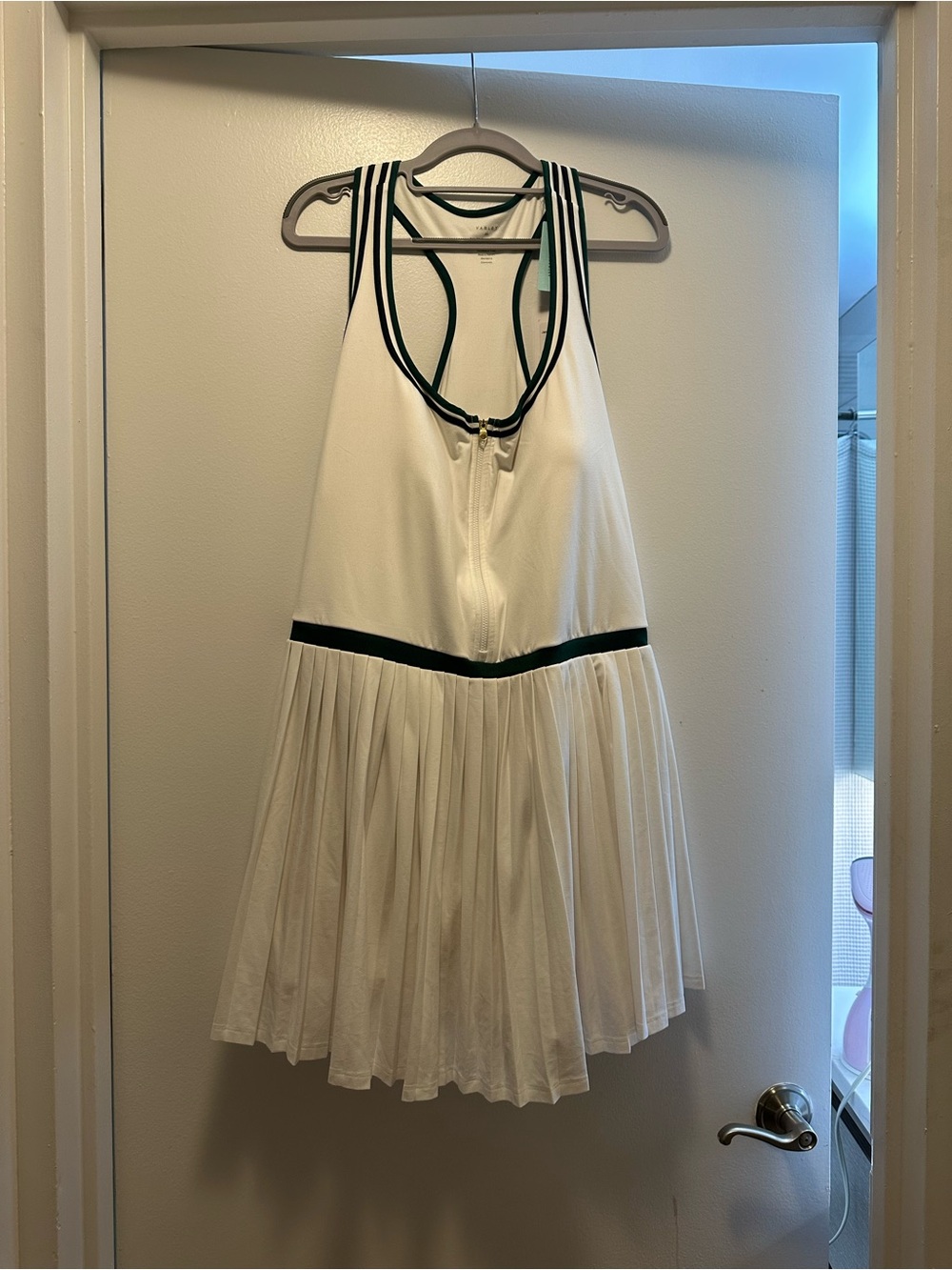 Varley White Pleated Tennis Dress with Dark Green Trim